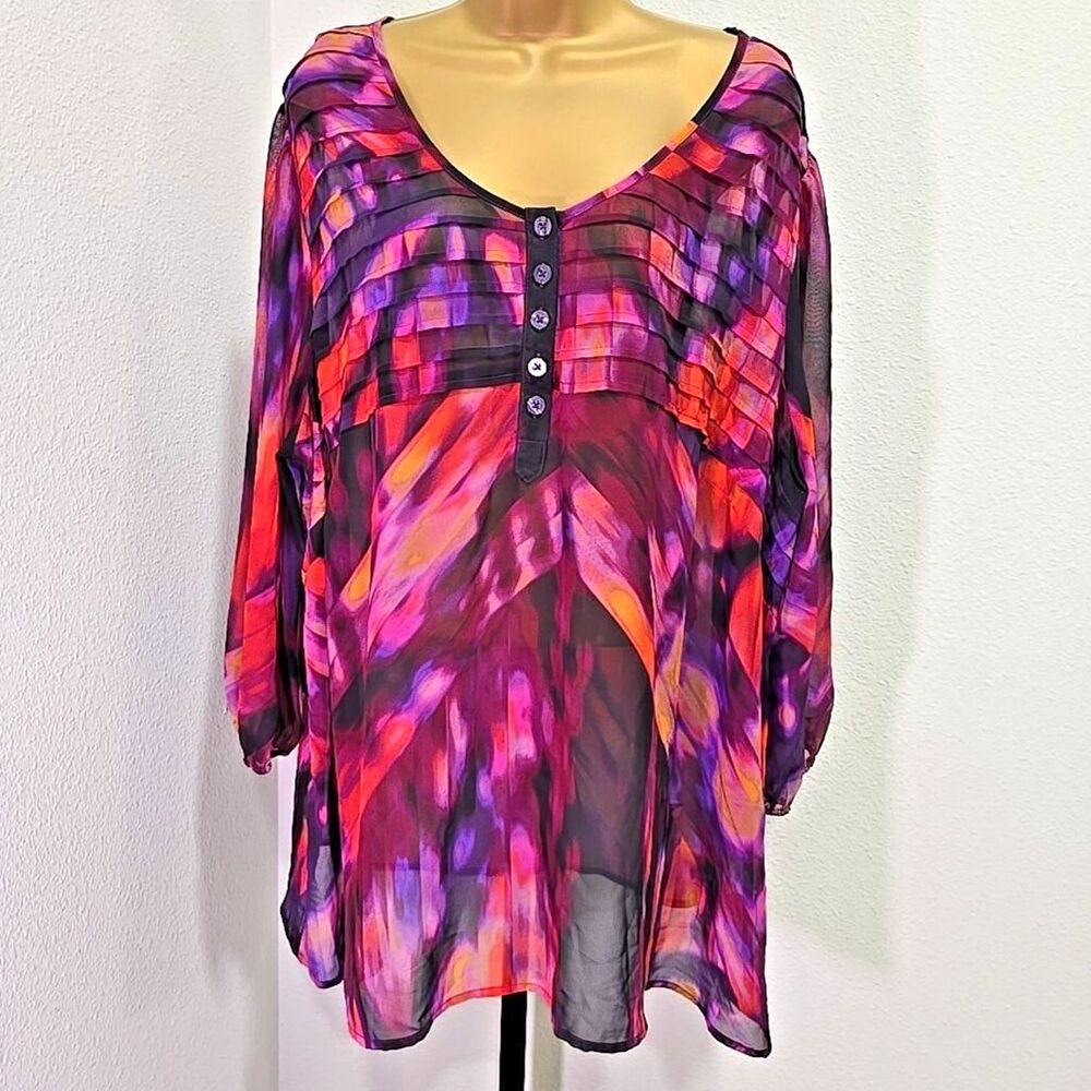 Purple Pink Pullover Top Womens 3X Boho Artsy Flowy Sheer Colorful Roomy Office